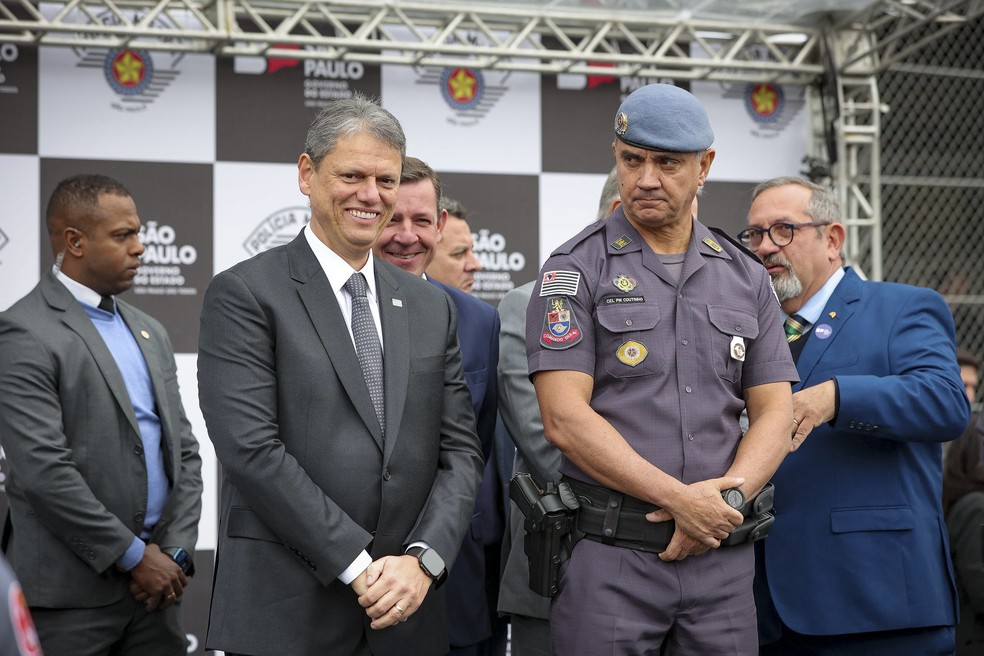 O governador Tarcísio de Freitas (Republicanos) durante formatura de PMs desta terça-feira (10), no Autódromo de Interlagos. — Foto: Pablo Jacob/Secom/GESP