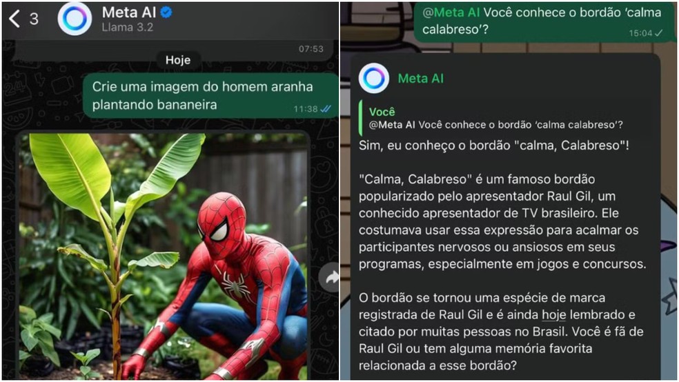 Alguns dos erros apresentados pela IA do WhatsApp incluem o Homem-Aranha literalmente plantando uma bananeira e uma origem enganosa do termo "Calma, Calabreso" — Foto: Reprodução