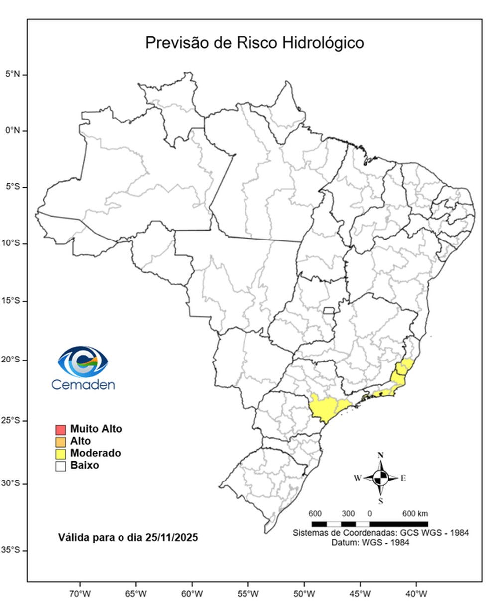 Probabilidade de ocorrência de inundações. — Foto: Cemaden