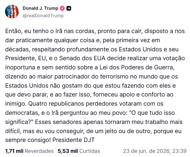 Trump diz que decisão do Senado para impedir novos ataques contra o Irã dificulta trabalho dos EUA