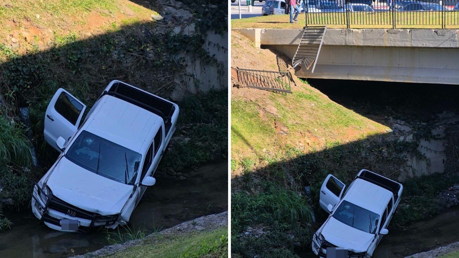 Caminhonete perde o controle, derruba grade e cai no córrego Vidoca em São José dos Campos, SP