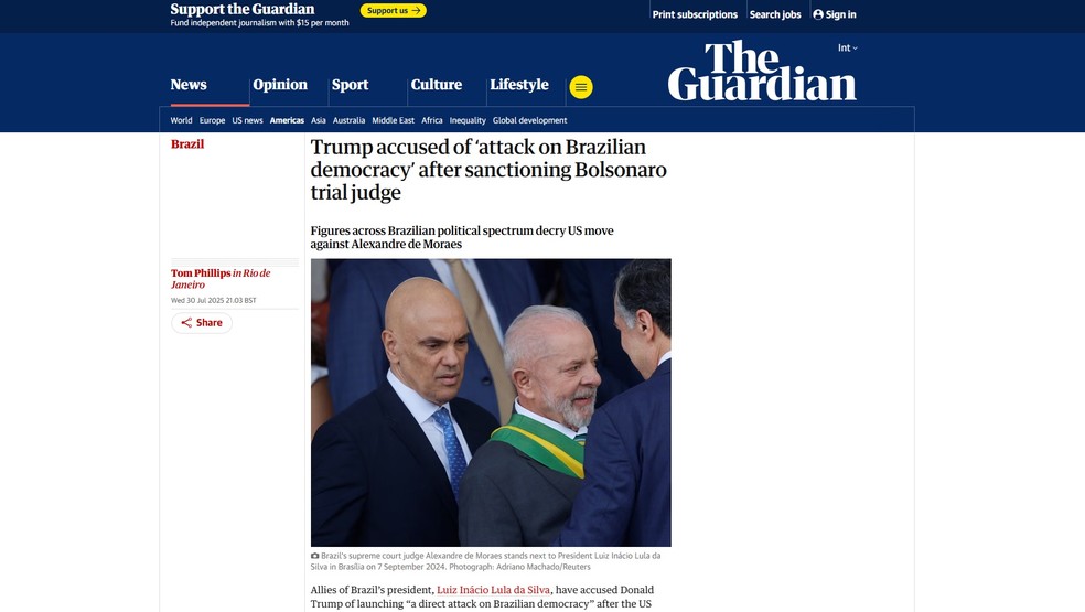 Reportagem do The Guardian sobre as sanções dos EUA contra Moraes — Foto: Reprodução