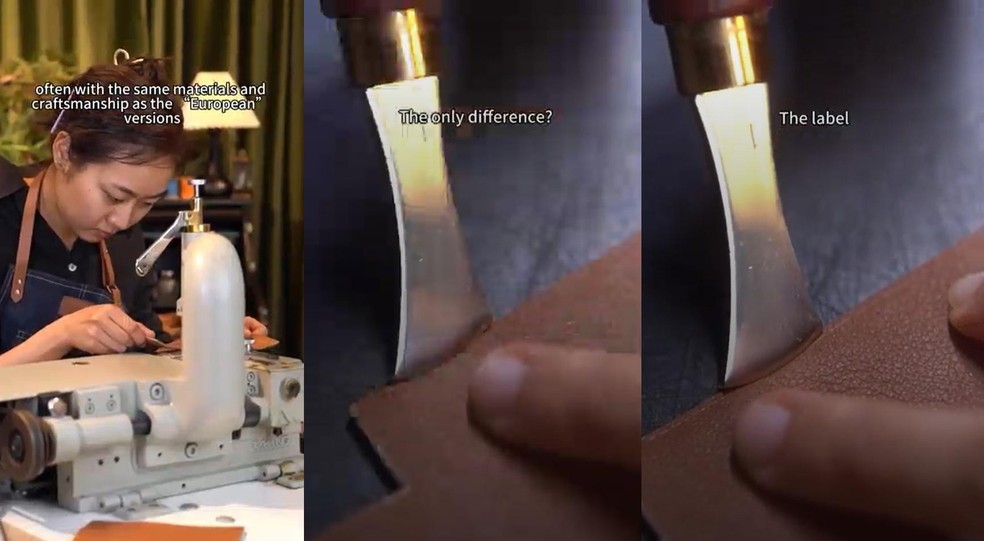 Vídeo no TikTok diz que única diferença entre bolsa fabricada na China e na Europa seria o logo das marcas. — Foto: Reprodução/TikTok