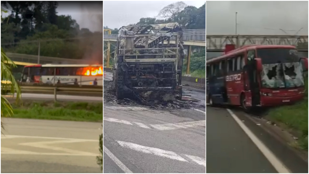 Ônibus foram destruídos durante briga entre torcedores de Palmeiras e Cruzeiro na Rodovia Fernão Dias, em Mairiporã, na Grande SP — Foto: Montagem/g1