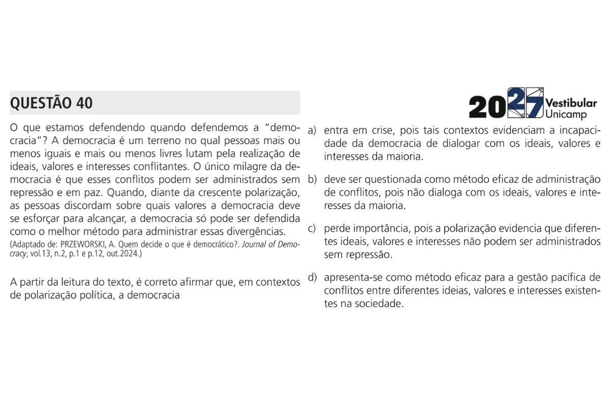 Unicamp 2027: questão da 1ª fase destaca importância da democracia para lidar com polarização