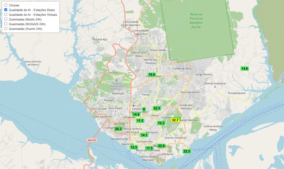 14 dos 15 sensores da capital registravam qualidade do ar "boa" às 7h. — Foto: Reprodução/App Selva