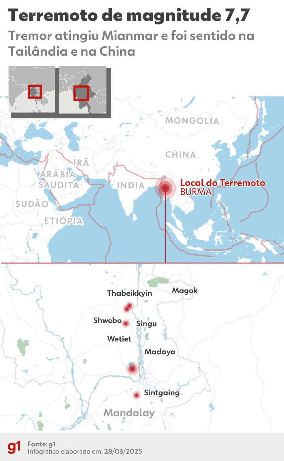 Mapa localiza o epicentro do terremoto de magnitude 7,7 desta sexta-feira (28). — Foto: Arte/g1