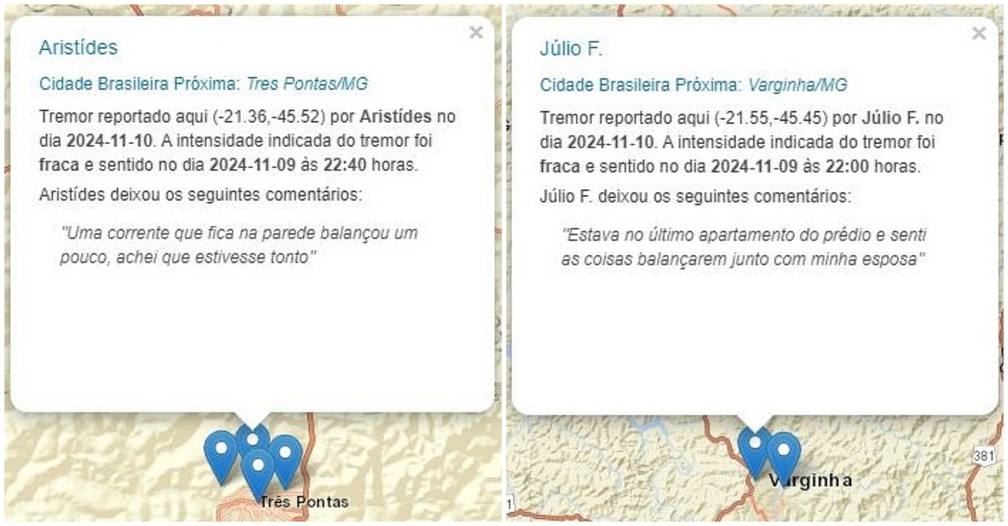 Moradores de cidades como Três Pontas (MG) e Varginha (MG) relataram tremores por volta de 22h de sábado (9) — Foto: Reprodução / Centro de Sismologia da Universidade de São Paulo (USP)