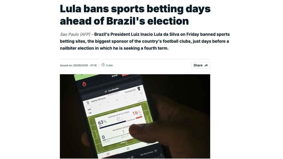 A proibição das bets foi notícia em agências e jornais estrangeiros. — Foto: Reprodução/France 24