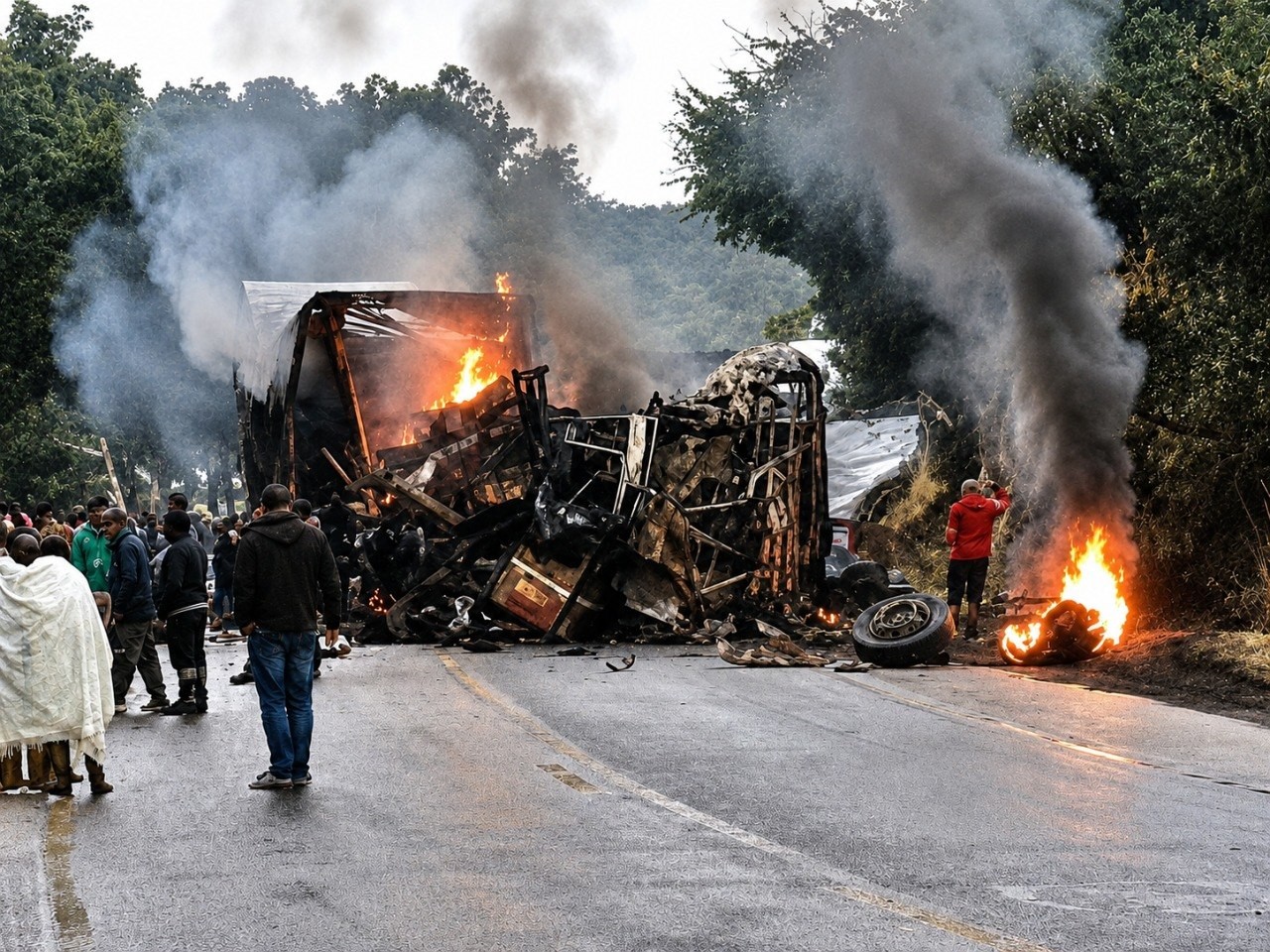 Ônibus e carreta pegam fogo após batida na BR-251 deixando mortos e feridos no Norte de MG