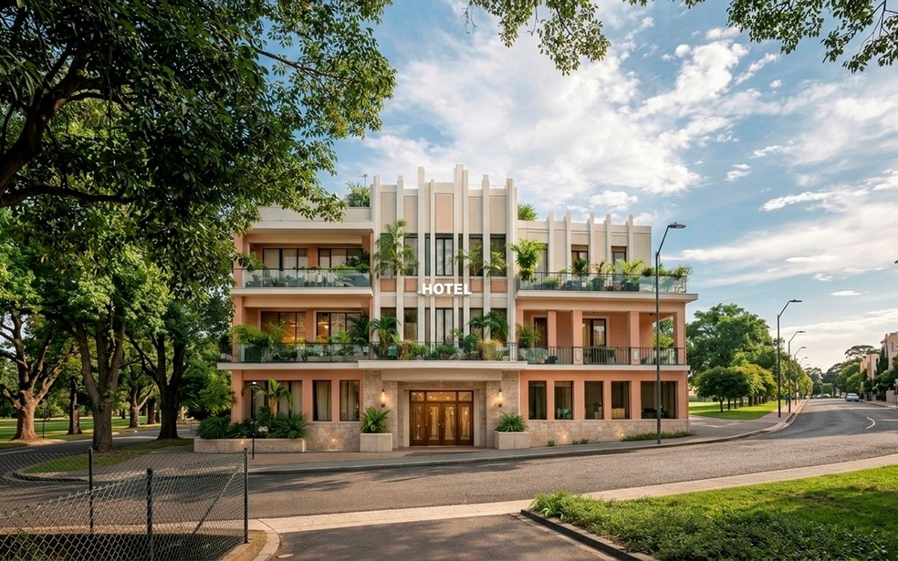 Imagem do Hotel Colombo, em Araxá (MG), com projeção de restauração gerada por inteligência artificial que simula possível recuperação da estrutura original do imóvel. — Foto: Reprodução/IA | Acervo original + projeção digital
