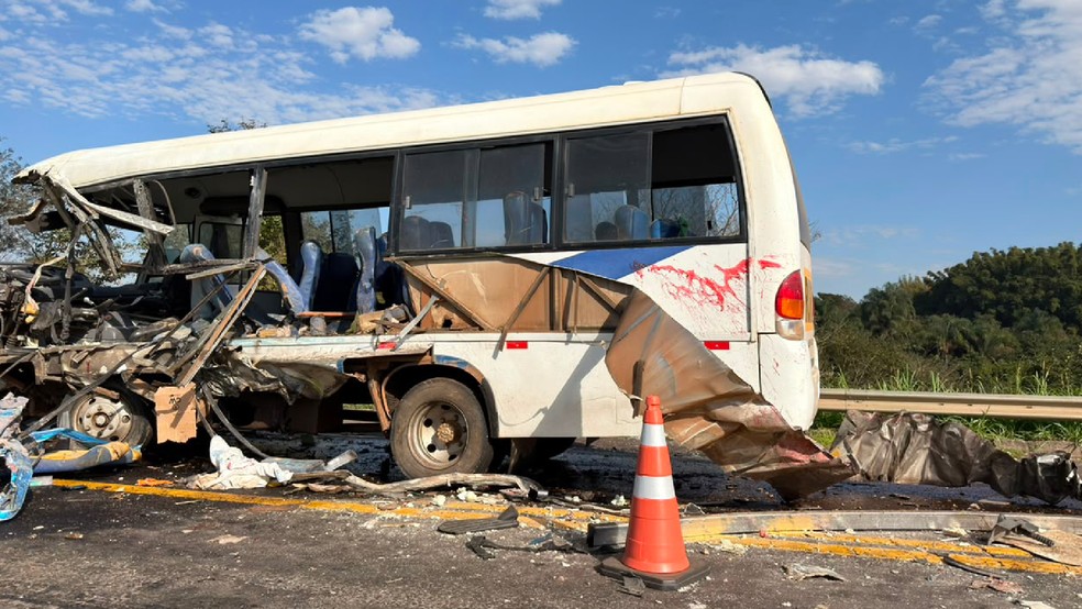 Colisão lateral entre ônibus e caminhão deixa feridos na BR-153 — Foto: Filipe Zampoli/TV TEM