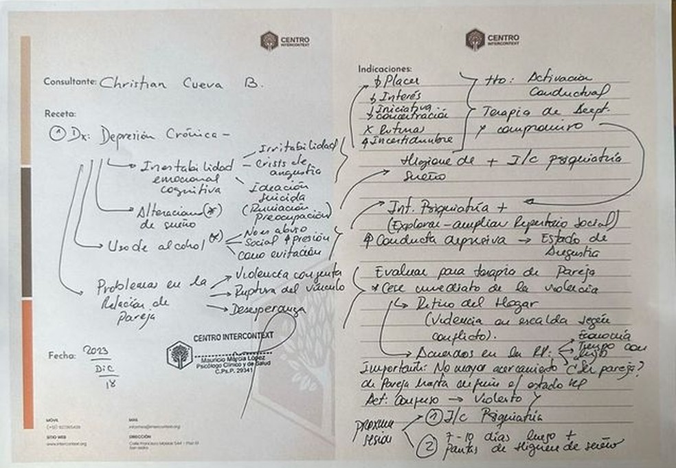 Documento médico compartilhado pelo jogador de futebol Christian Cueva em 20 de agosto de 2024, após ser denunciado por violência doméstica pela ex-esposa. — Foto: Reprodução/redes sociais