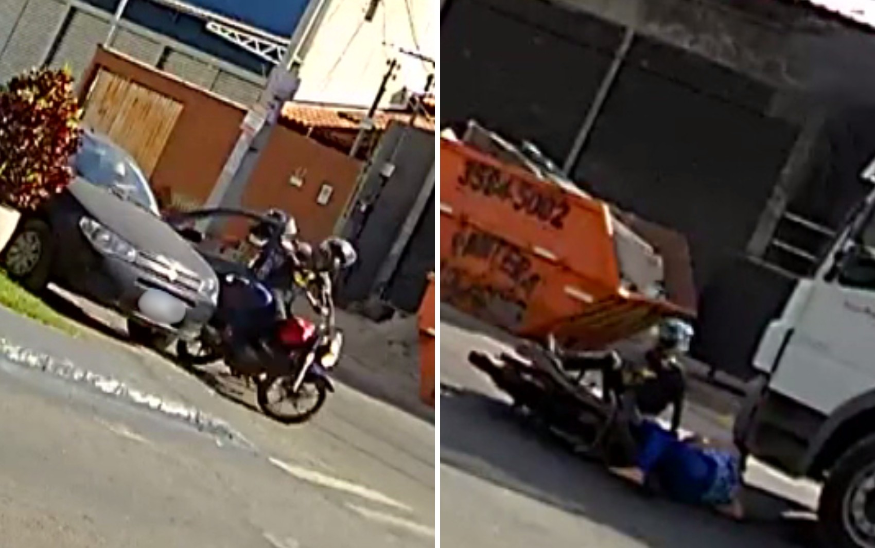 Motociclista e passageira vão parar embaixo de caminhão e escapam de atropelamento por um triz; vídeo impressionante