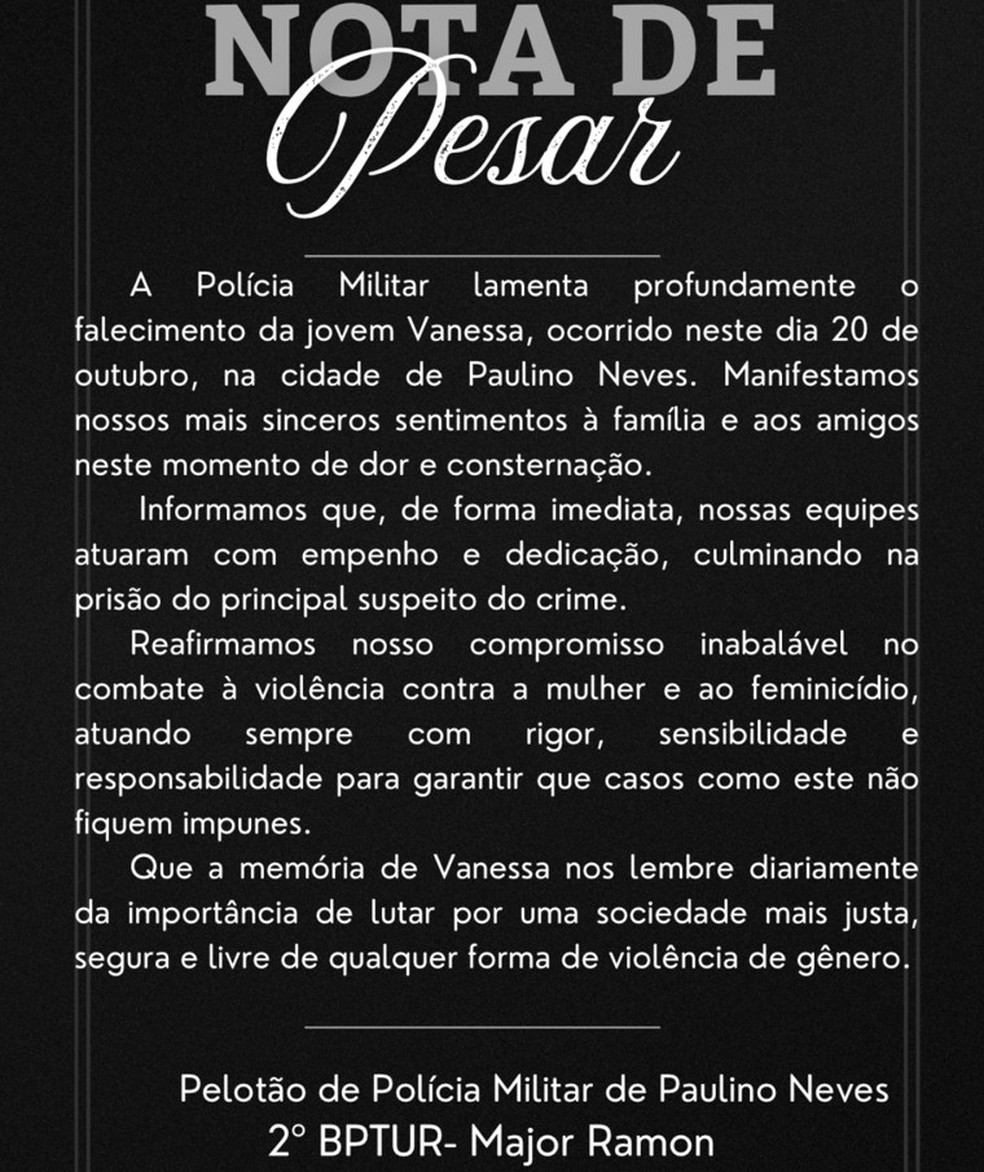 A Polícia Militar de Paulino Neves divulgou nota de pesar pela morte de Vanessa Pereira Silva. — Foto: Divulgação/Redes sociais