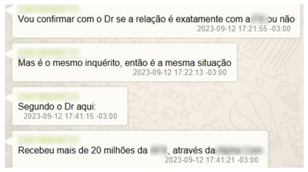 Numa troca de mensagens um dos alvos diz que um delegado já recebeu mais de R$ 20 milhões em propina, segundo investigação da PF e do MP de SP — Foto: Reprodução