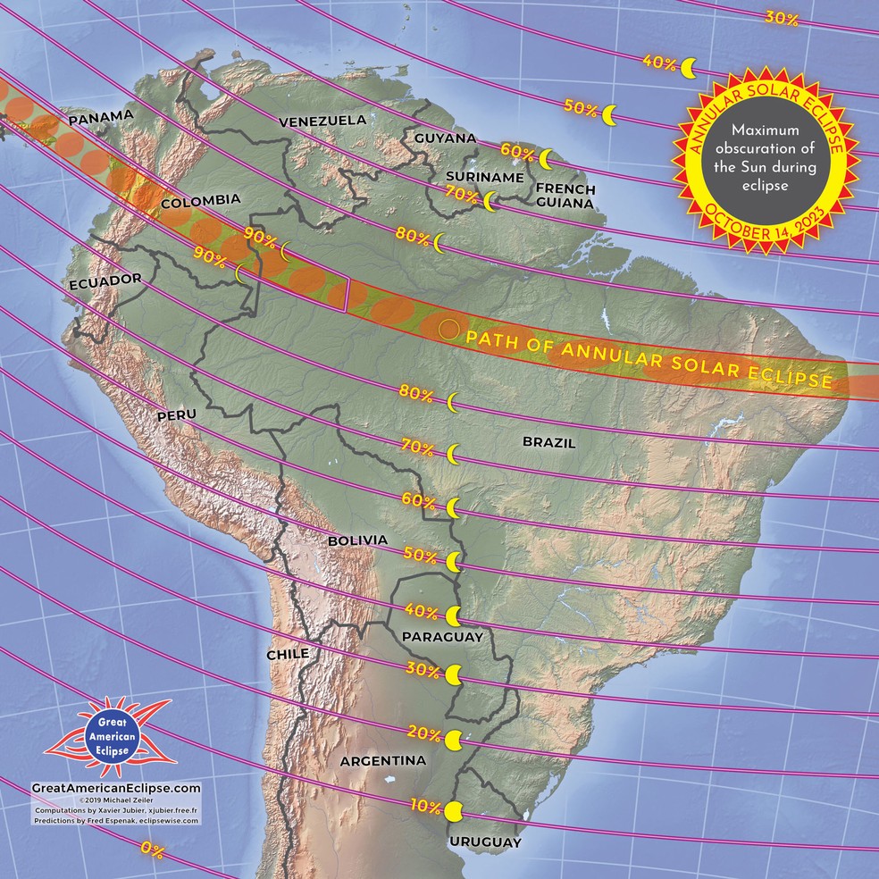 Gráfico da Nasa mostra como serão as "faixas" de visualização do eclipse solar anular de outubro de 2023 — Foto: Reprodução