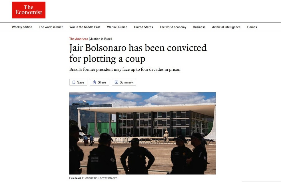 The Economist repercute a formação de maioria no STF para condenação de Bolsonaro. — Foto: Reprodução/ The Economist