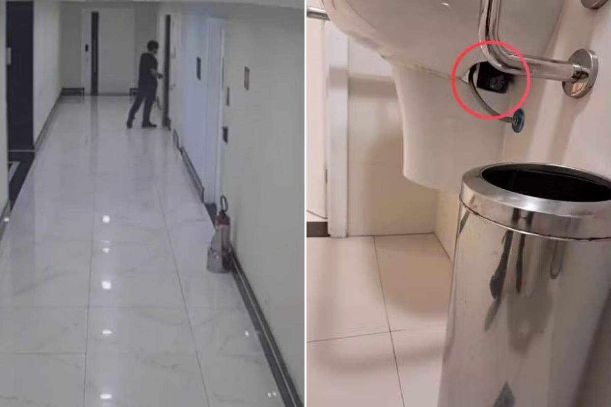Vídeo mostra homem entrando em banheiro onde escondeu celular para gravar mulheres; veja