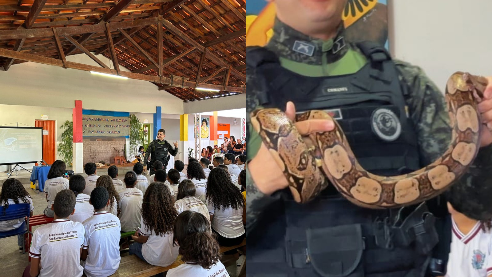 Vídeo: PM usa jiboia para conscientizar alunos sobre preservação ambiental no Piauí