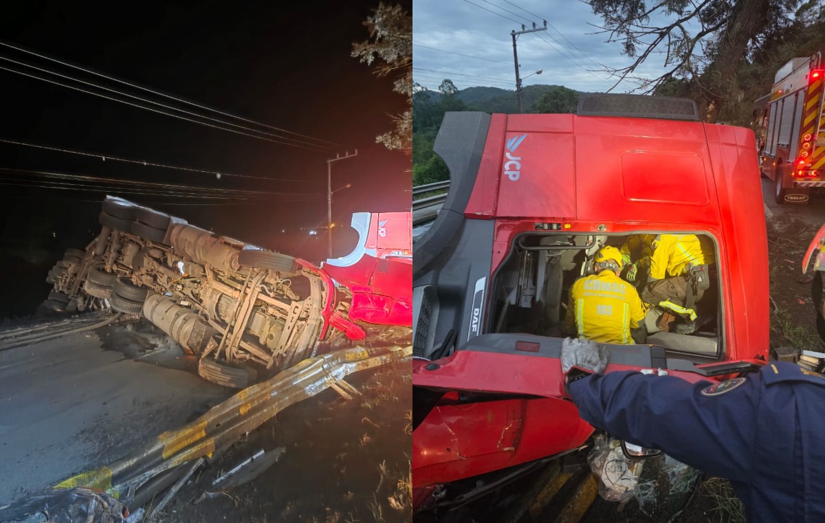 Colisão entre caminhões deixa homem morto e bloqueia BR-282 na Grande Florianópolis