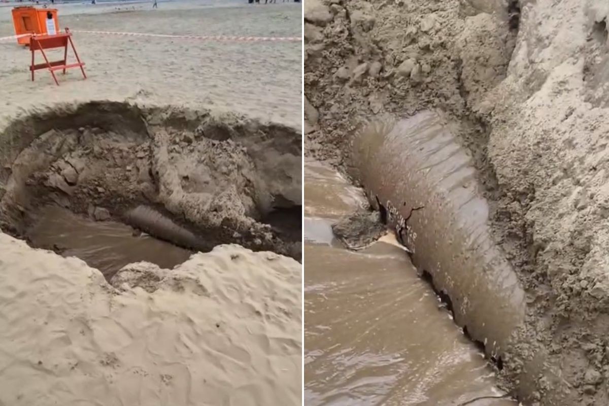 Cratera se abre em praia do litoral de SP e expõe tubulação; VÍDEO