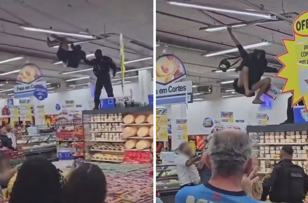 Homem entra em supermercado na Zona Norte do Rio, sobe em prateleiras, se pendura em luminária e é retirado pela PM