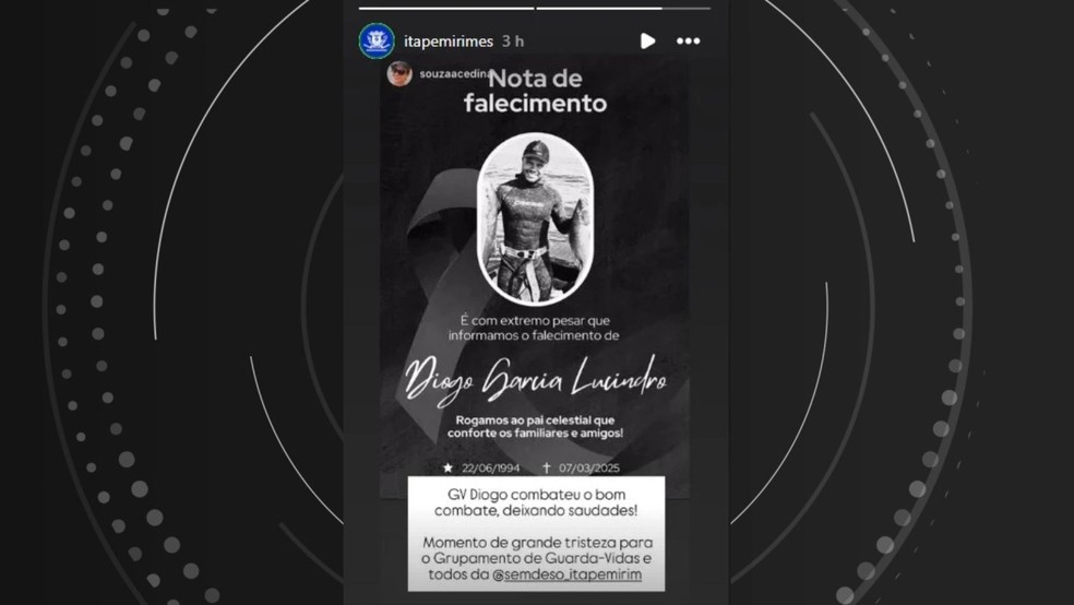 Prefeitura de Itapemirim faz homenagem ao mergulhador Diogo Garcia Lucindro, 30 anos, que morreu durante um mergulho por apneia em Anchieta, no Espírito Santo — Foto: Divulgação