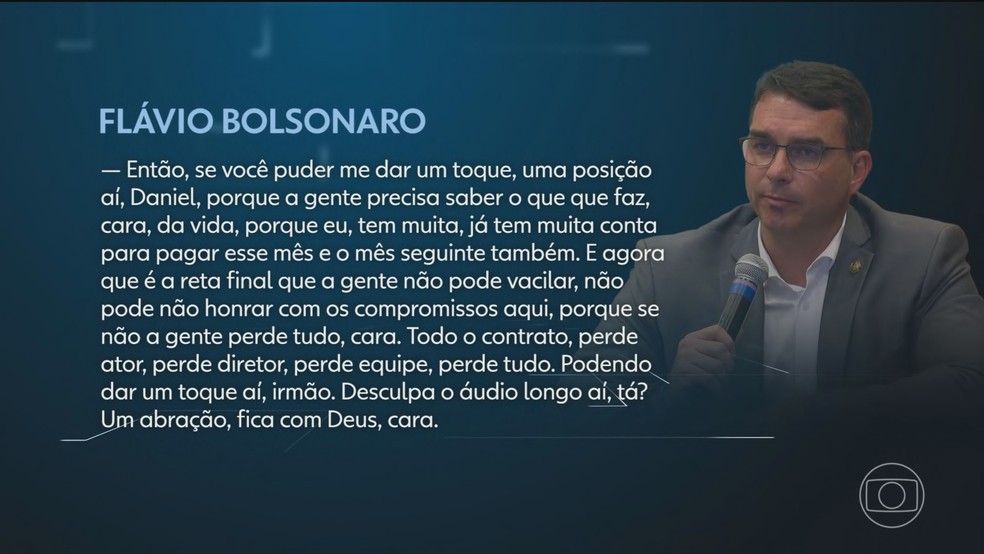 Mensagens mostram que Flávio Bolsonaro cobrou dinheiro de Vorcaro para concluir filme sobre o ex-presidente Jair Bolsonaro — Foto: Jornal Nacional/ Reprodução