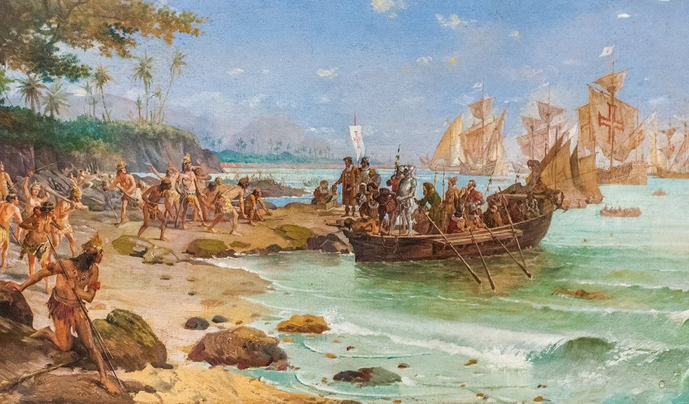 Desembarque de Pedro Álvares Cabral em Porto Seguro em 1500. Obra de Oscar Pereira da Silva. — Foto: Reprodução/Obra de Oscar Pereira da Silva, de 1904.