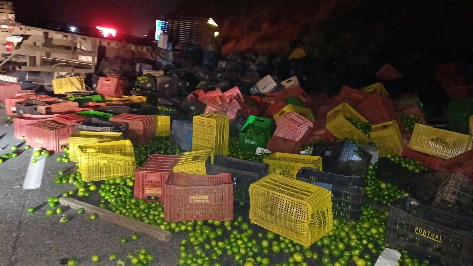Motorista fica ferido após caminhão carregado com limões colidir contra barranco na Via Dutra, em Piraí