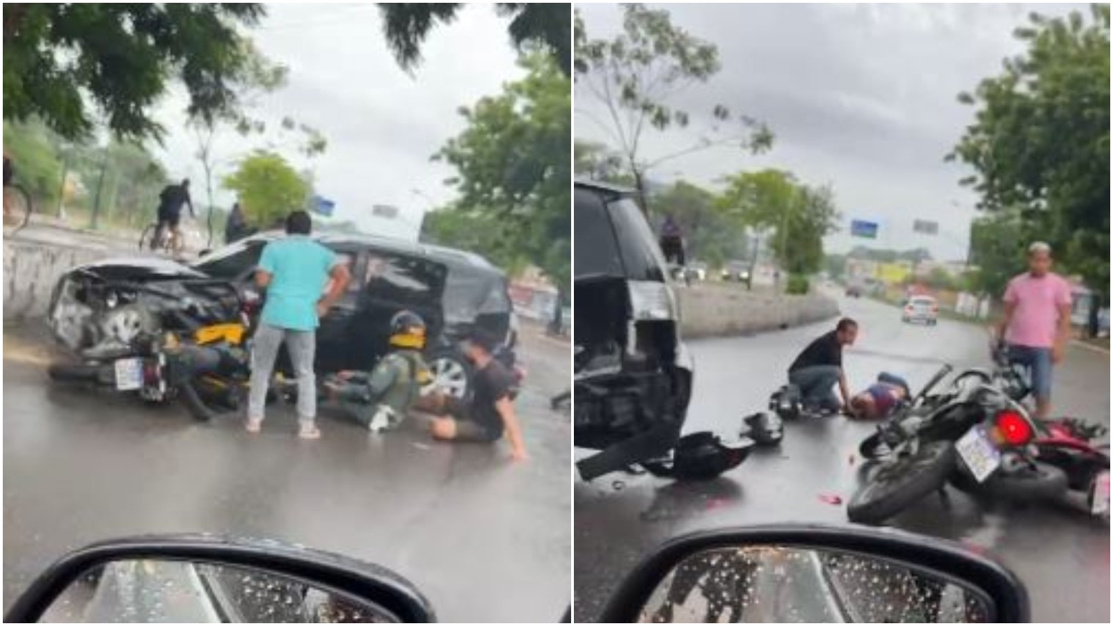 Carro perde o controle, bate em três motos e deixa feridos em Fortaleza; vídeo