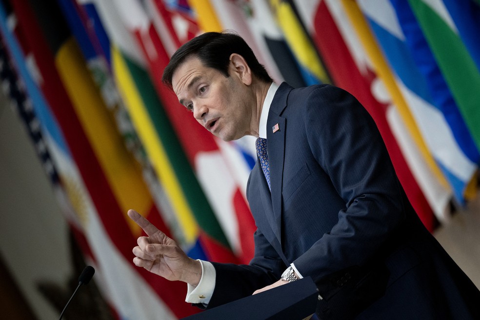 Marco Rubio faz discurso de abertura durante um evento intitulado "Ministerial sobre o ressurgimento do terrorismo político" no Departamento de Estado dos EUA em 16 de julho de 2026, em Washington — Foto: BRENDAN SMIALOWSKI / AFP