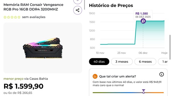 Valor de memória RAM passou de R$ 650 para R$ 1.590 em poucas semanas. — Foto: Reprodução/Zoom
