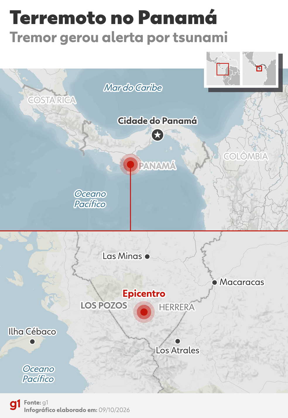 Mapa mostra epicentro do forte terremoto, de magnitude 7,7, que atingiu o Panamá, em 9 de outubro de 2026. — Foto: arte/ g1