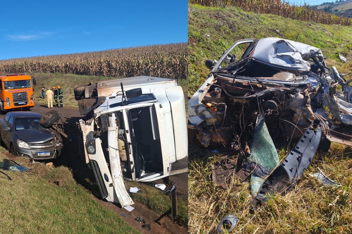 Homem morre e duas pessoas ficam feridas durante batida entre dois carros e caminhão, no PR