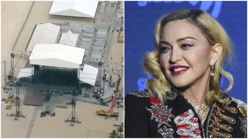 Montaje - Escenario del concierto de Madonna en Copacabana — Foto: TV Globo/Reproducción y Evan Agostini/Invision/AP