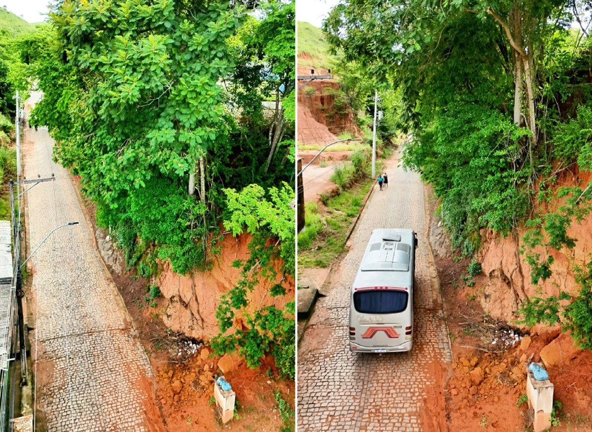 Parte de barranco cede e assusta moradores no Parque Lajinha, em Natividade, no RJ