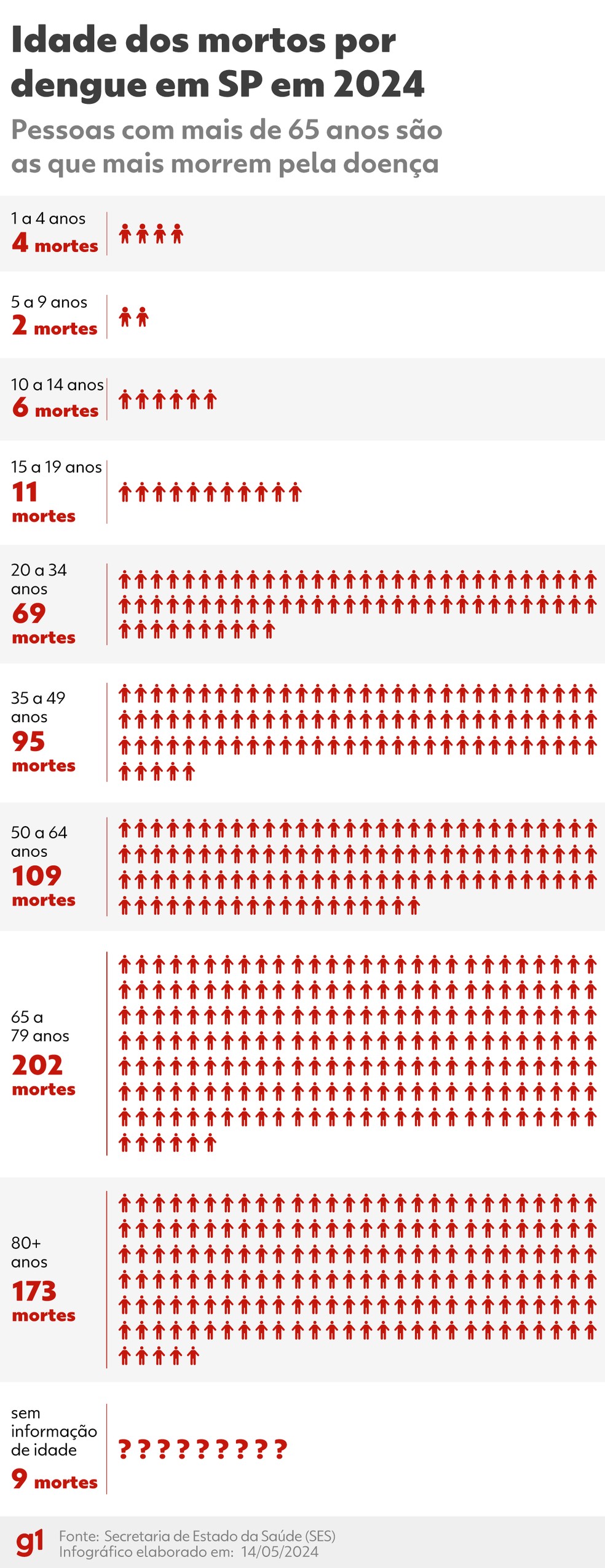 Faixa etária dos óbitos por dengue no estado de Sp em 2024 — Foto: Arte/g1