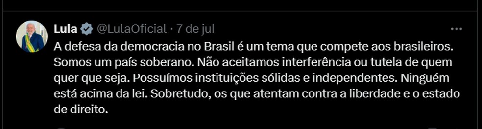 Postagem de Lula após publicação de Trump. — Foto: Reprodução/X