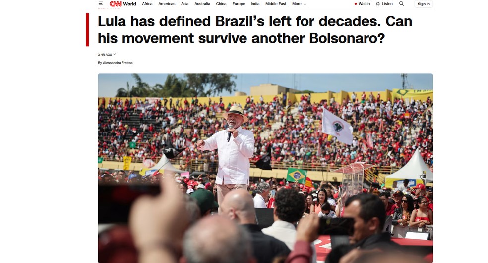 Reportagem da rede de TV CNN Internacional sobre a expectativa para o 2º turno das eleições brasileiras em outubro de 2026. — Foto: Reprodução/CNN Mundo