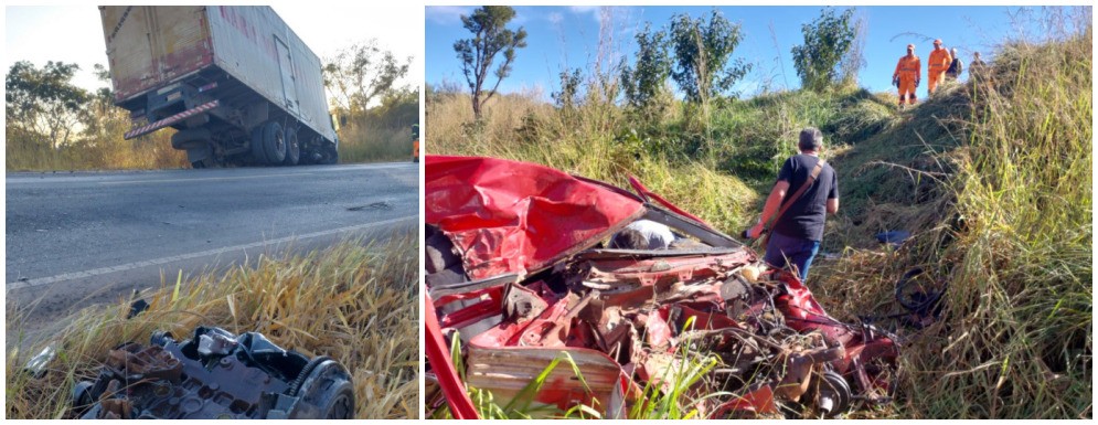 Idosos morrem e outras 2 pessoas ficam feridas em acidente entre carro e caminhão na MGC-354