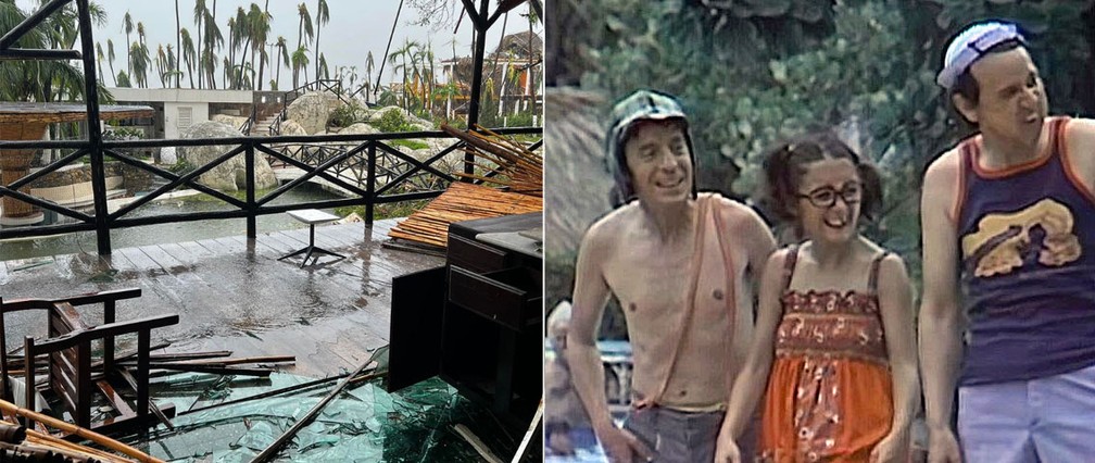 Hóspede mostrou destruição no Hotel Emporio, em Acapulco, após passagem do furação Otis; local ficou conhecido pelos episódios de 'Chaves' — Foto: Reprodução/Instagram/rayceja e Divulgação