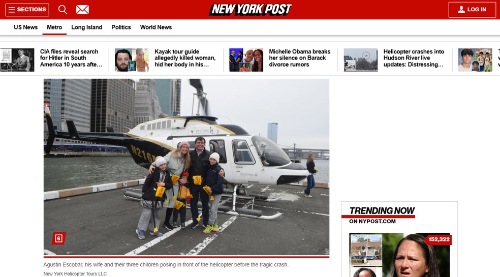 Família que morreu no acidente de helicóptero em Nova York fez registro antes do passeio — Foto: Reprodução/New York Post