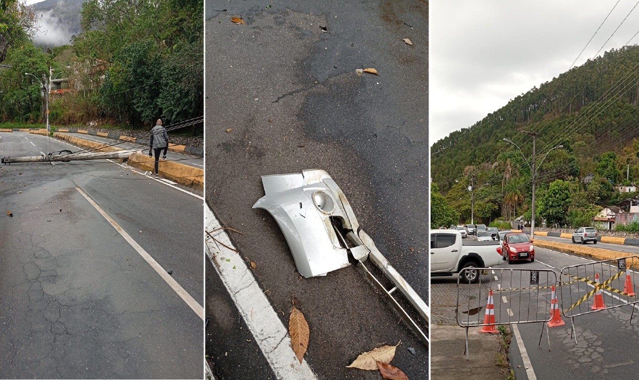Poste caído interdita Via Expressa em Nova Friburgo após acidente