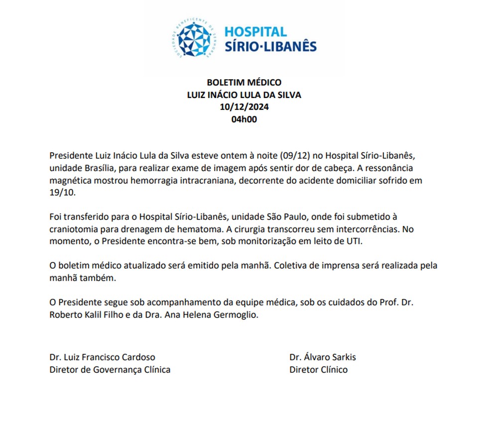 Boletim médico do presidente Lula — Foto: Reprodução