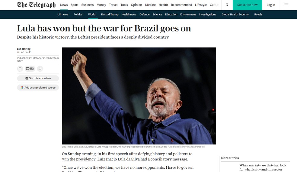 Reportagem do tablóide The Telegraph, do Reino Unido, sobre a reeleição de Lula em 26 de outubro de 2026. — Foto: Reprodução/The Telegraph