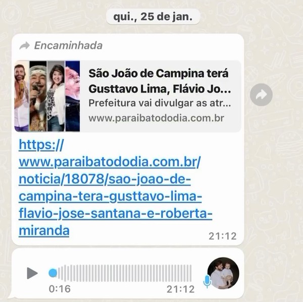Prefeito Bruno Cunha Lima teria enviado mensagens para Roberta Miranda falando sobre participação dela no São João de Campina Grande — Foto: Roberta Miranda