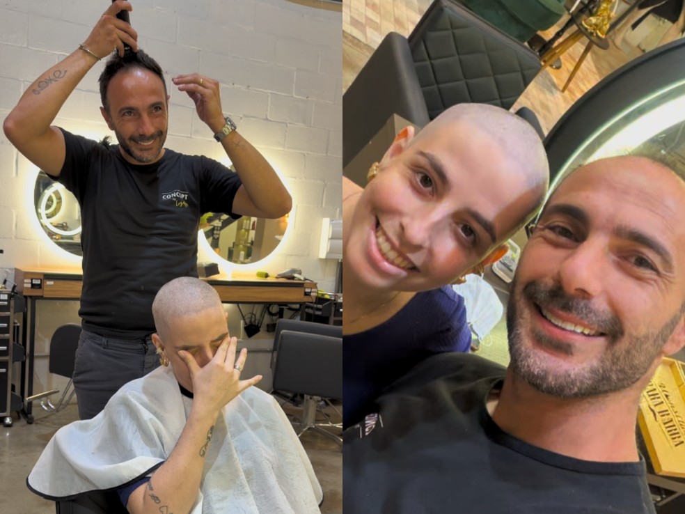 Cabeleireiro emocionou ao raspar cabelo junto com a prima, que enfrenta um câncer, em Santa Gertrudes, SP — Foto: Reprodução
