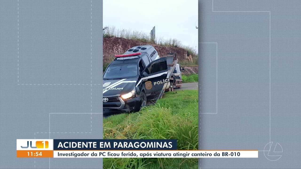 Investigador fica ferido após viatura policial bater em canteiro de rotatória em Paragominas, no PA